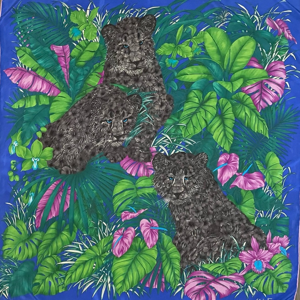 Vintage Salvatore Ferragamo Silk Scarf Coveted Black Panther Cub 34 In Exc Cond - Picture 3 of 10